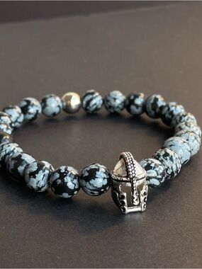 Snowflake Obsidian Bead Bracelet with Silver Helmet Charm